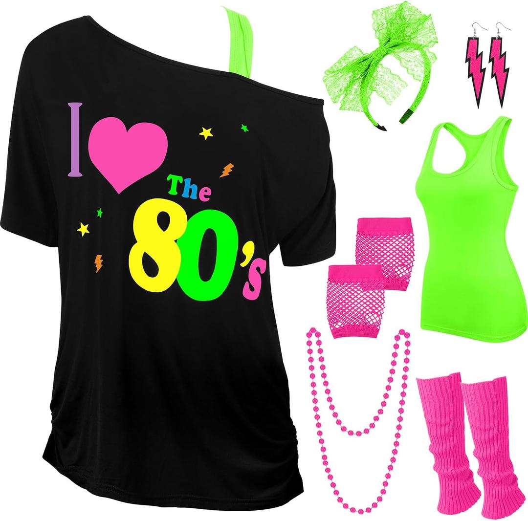 I Love The 80's Disco 80s Costume Print Off Shoulder Tops Tank Top Headband Earring Necklace Legwarmers Fishnet Gloves (X-Large, Rose Red, Neon Green)
