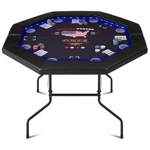 REAHOISY Foldable Poker Table with LED Lights, Octagon Casino Leisure Texas Holdem Table for 8 Player, Folding Blackjack Table w/ Built-in LED Light, Padded Rails & Cup Holders for Home Game Room