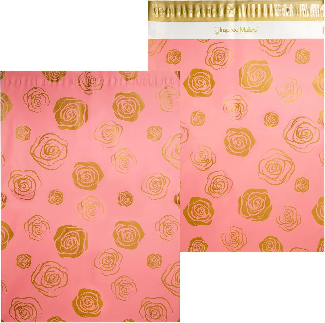 Inspired Mailers - Large Poly Mailers 14.5 x 19-50 Pack - Gold Roses Deluxe - Mailing Envelopes - Large Shipping Envelopes - Poly Bags for Shipping