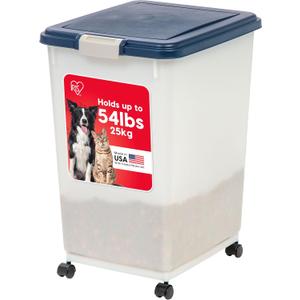 IRIS USA Airtight Pet Food Storage Container, Up to 54 lbs, Attachable Wheels, For Dog Cat Bird and Other Pet Food Storage Bin, Keep Fresh, Easy Mobility, BPA Free, Navy/Pearl