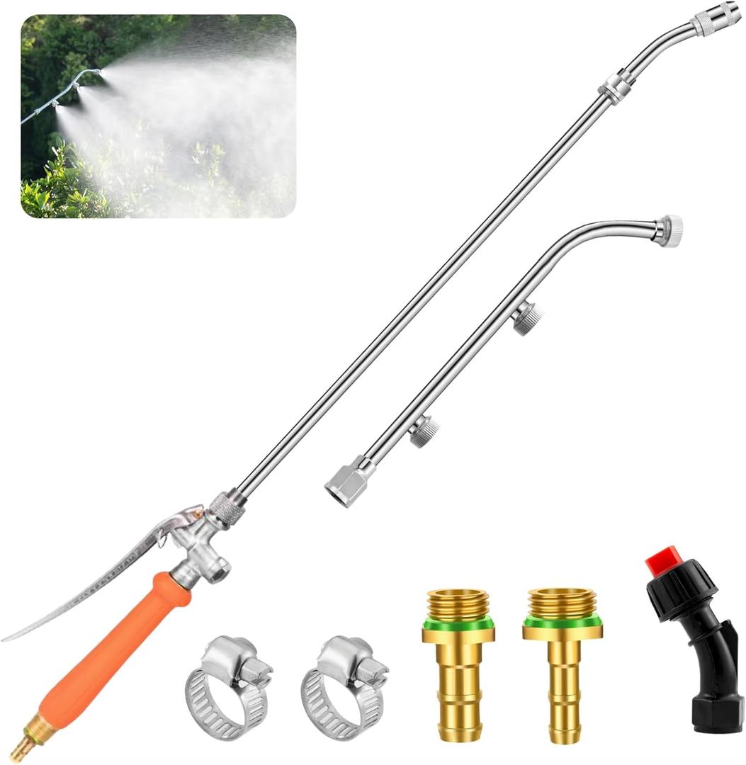 Metal Pump Sprayer Wand with 3 Types of Nozzles, Fan Nozzle Replacement Sprayer Wand, Stainless Steel Sprayer Wand Replacement with 1/4" & 3/8" Brass Barb and 2 Hose Clamps (Metal Handle)