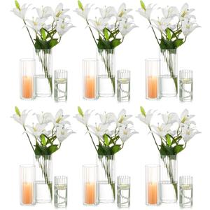 Hewory Glass Cylinder Ribbed Vases Set of 18, Tall Clear Vase for Centerpieces, Hurricane Candle Holders for Pillar or Floating Candles, Round Vases for Wedding Anniversary Events Home Table Decor
