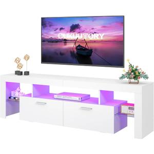 Clikuutory Modern Lighting 63 inch TV Stand with Large Storage Drawer for 50 55 60 65 70 75 Inch TVs, TV Console with 20 Color LED Lights, Entertainment Center Media and Open Shelf for Bedroom, White