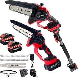 Electric Pole Saw for Tree Trimming 6'', Extendable Cordless 2-in 1 Pole Saw Mini Chainsaw, Brushless Motor, Battery Operated with 2*4.0Ah Batteries&Charger, Extension Pole for 16 FT Max Reach