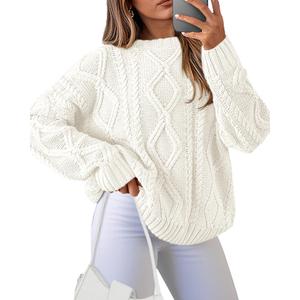 BTFBM Casual Women Long Sleeve Sweater 2025 Fall Ribbed Knit Pullover Loose Crewneck Cable Sweater Jumper Tops (X-Large, Beige White)