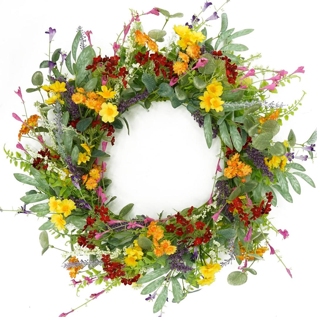 AMF0RESJ Artificial Spring Summer Wreath for Front Door Yellow Daisy Wreath with Olive Leaf, Eucalyptus Leaves for Front Door Indoor Outdoor Wall Porch Farmhouse Home Decor