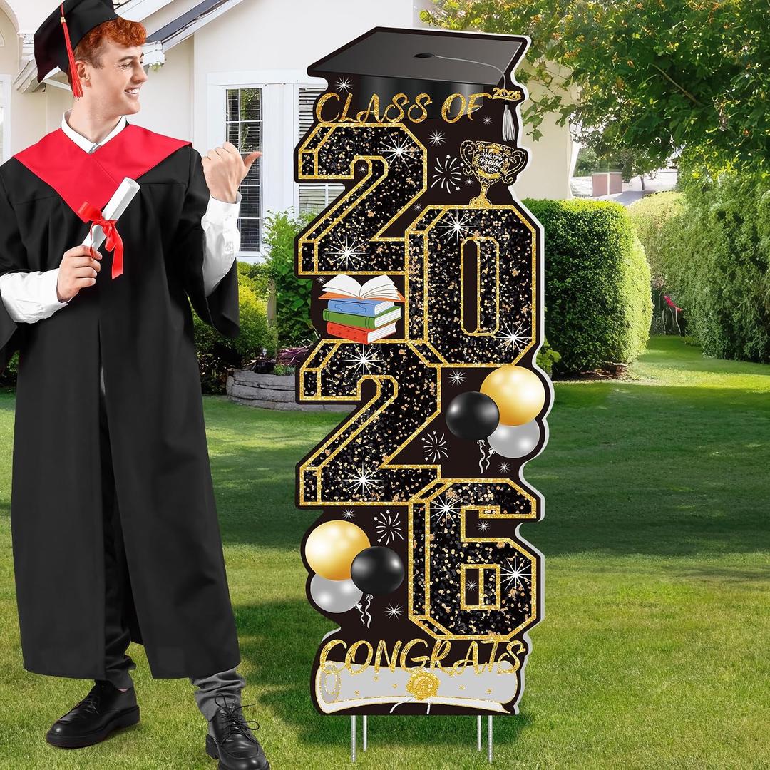 4 Pcs Graduation Yard Signs Class of 2026, Large Black Gold Congrats Grad Sign with Stakes, Grad Yard Signs 2026 for College High School Graduation Decorations Backdrop Outdoor Indoor Decor Supplies
