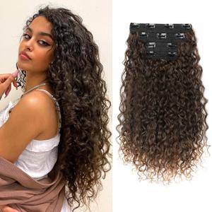 Clip in Hair Extensions, FLUFYMOOZ 4PC 100 Pure Protein Silk Hair Extensions Long Soft Natural Hairpiece 16 Inch Curly Hair Extension for Women (Dark Almond brown with copper)