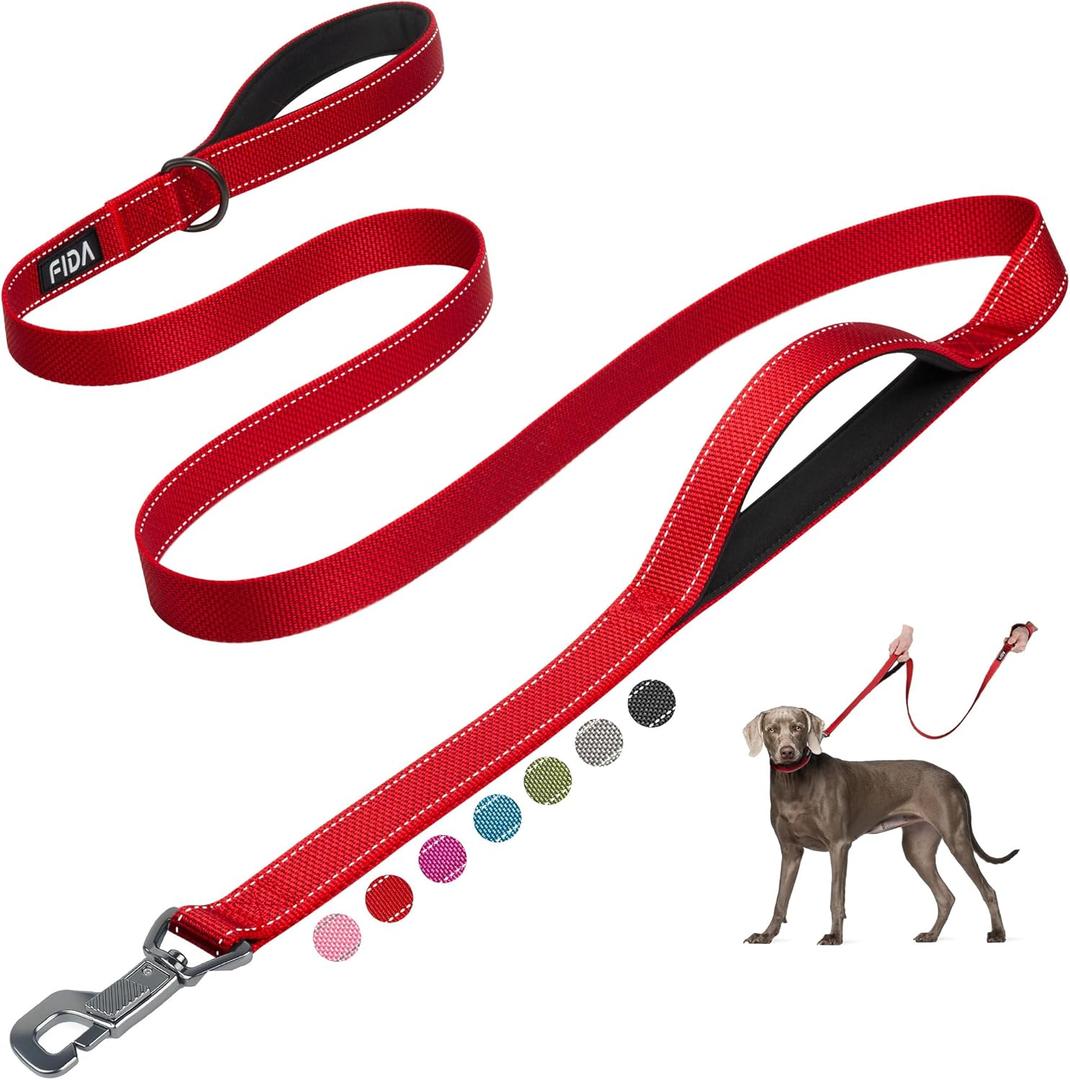 Fida 6 FT Heavy Duty Dog Leash with 2 Comfortable Padded Handles, Traffic Handle & Advanced Easy Snap Hook, Reflective Walking Lead for Large, Medium & Small Breed, Red (6 Feet (Pack of 1))