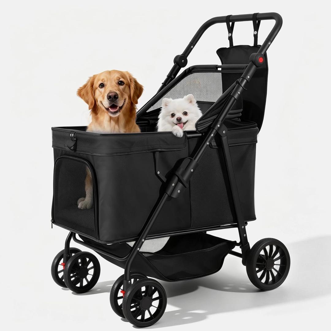 Dog Stroller for Large & Medium Dogs (Up to 66 lbs), Pet Stroller for 2 Small Dogs with Adjustable Handle & Canopy, Sun Shades, Storage Organizer, Oxford Fiber, Foldable & Ventilated