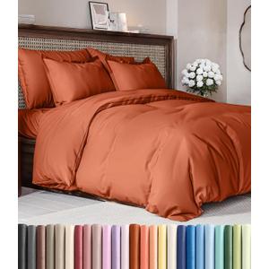Duvet Cover Queen Size Set - Extra Soft Queen Duvet Cover 90" x 90" with 2 Pillow Shams - Hotel Luxury, Easy Care & Fade Free w/ Zipper Closures & Ties - All Season, Comfy & Breathable (Terracotta)