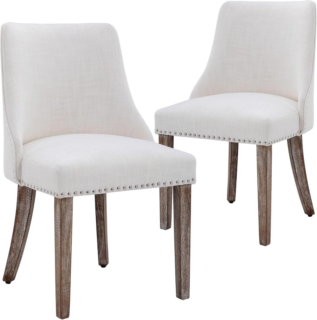 chairus Dining Chairs Set of 2 Mid Century Modern Living Room Chairs with Wood Legs Comfy Upholstered Linen Fabric Side Chair for Kitchen/ Restaurant/ Bedroom, Cream White