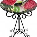 Large Glass Bird Bath with Metal Stand, Hummingbird