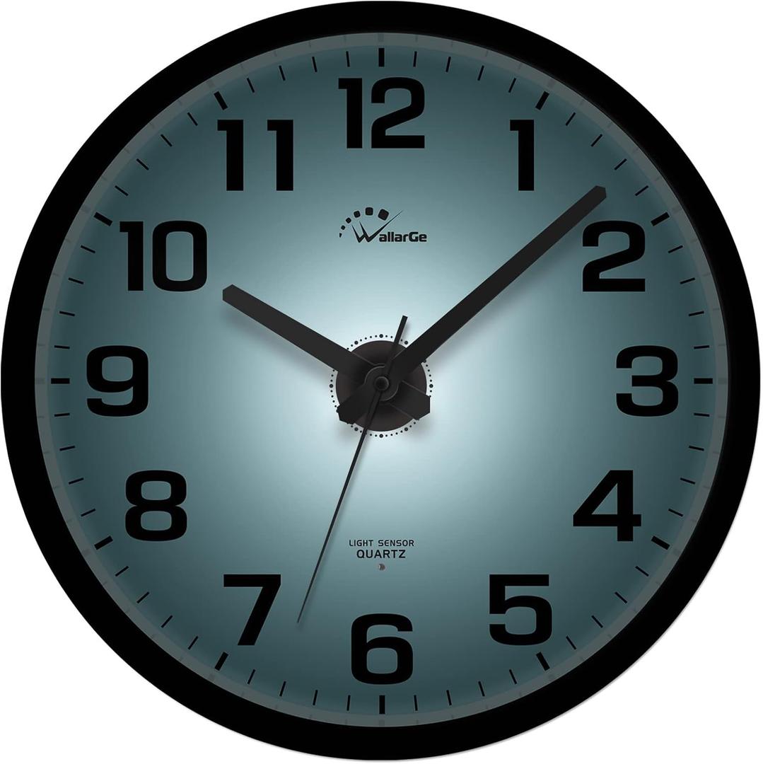 WallarGe Night Light Wall Clock for Bedroom - Silent Lighted up Wall Clock Glow in The Dark, Battery Operated for Living Room/Kitchen, Easy to Read Large Digital Display, 12 Inch (Black)