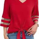 Women's V Neck Mesh Panel Sleeve Tops Tie Knot Hem Tops 2025 Summer Casual Blouses 3/4 Bell Sleeve Loose Shirt