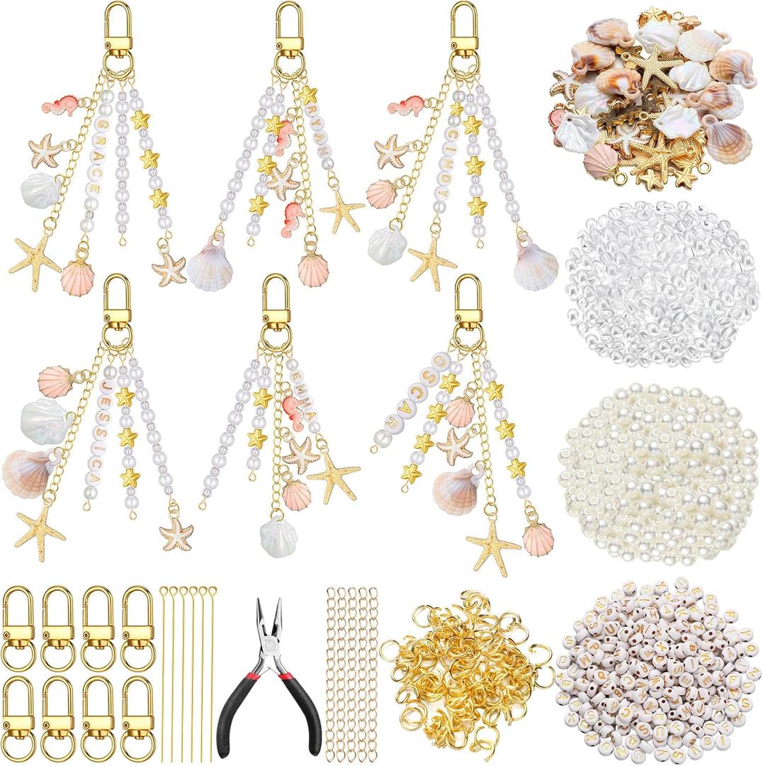 Cunno 776 Pcs Seashell Keychain Making Kit Ocean DIY Craft Key Chain Starfish Pearl Seahorse Letter Name Beads with Keychain Clip and Tool Accessories for Backpacks Purse Tote Bag Crafts DIY Supplies