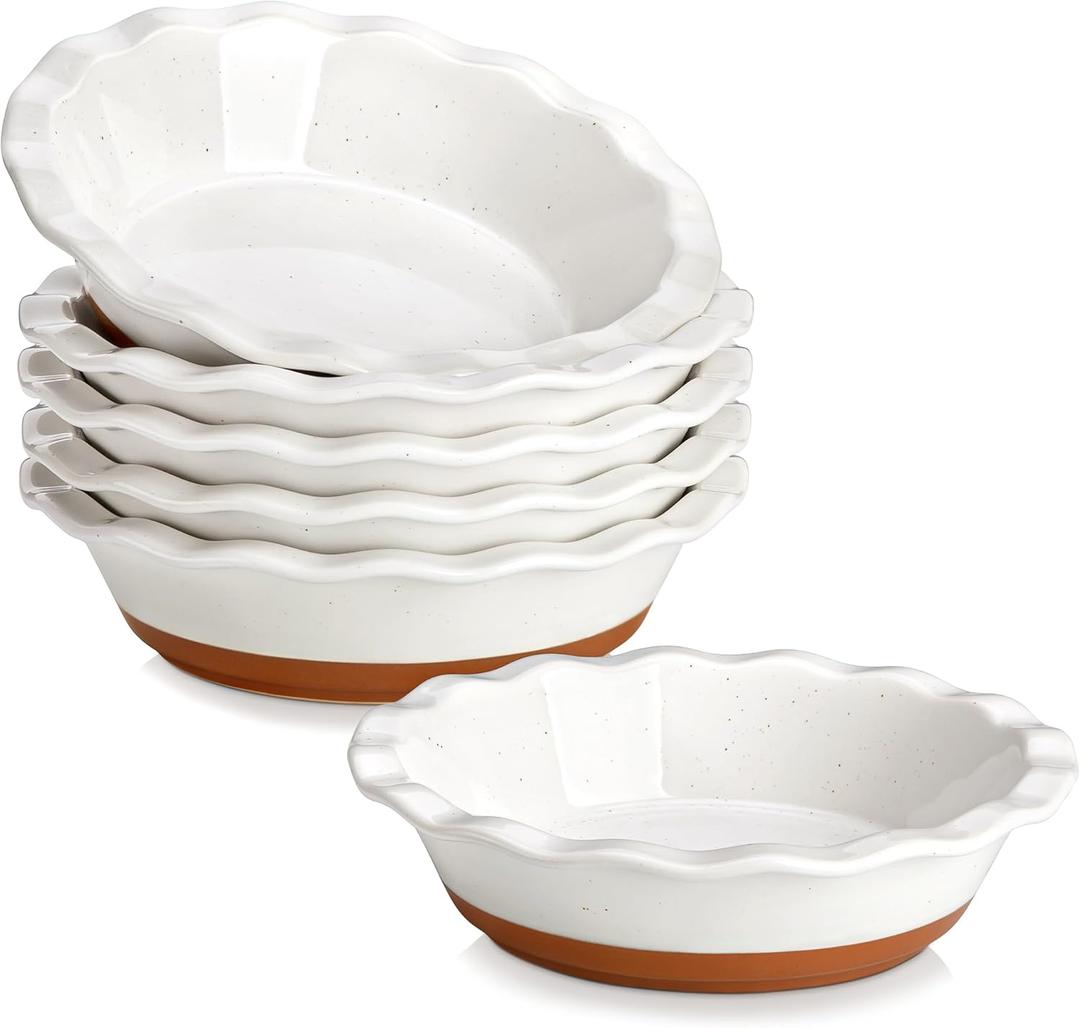 MALACASA Ceramic Mini Pie Pans Set of 6, 6 Inch Pie Plates for Baking with Ruffled Edge, Small Quiche Baking Dish Pans Tart Pans, Individual Pot Pie Plates, Microwave & Oven Safe, Khaki White