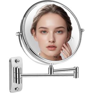 8'' Makeup Mirror Wall Mounted, Wall Mounted Makeup Mirror with 1X/10X Magnifying Mirror 360 Swivel Extendable Adjustable Arm Extendable Mirrors for Bathroom, Chrome (No Light)