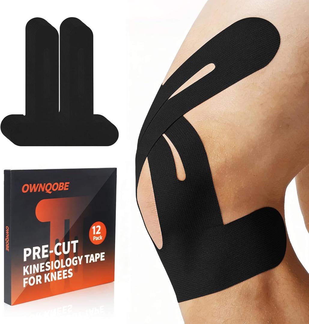 12 Pack Precut Kinesiology Tape for Knees & Shoulder, Knee Support & Stability for Sports, Waterproof & Elastic Tape for Knee Pain Relief, Breathable Hypoallergenic & Latex-Free, Black