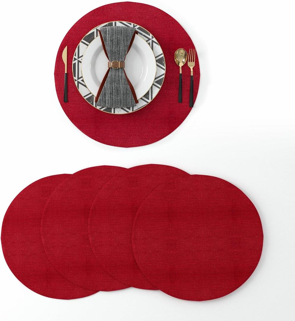 Set of 4 Decorative Round Placemat 15 Inch Soft Linen eco-Friendly Fabric Handcrafted Machine Washable Indoor & Outdoor Tablemat Burgundy