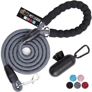 GORILLA GRIP Dog Leash, Heavy Duty Reflective Rope Leashes for Large, Medium, Small Breed Dogs, Puppy Training Essential for Walks, Hikes, Soft Handle, Rotating Metal Clip, Waste Bag Dispenser, Gray (5 Feet x 1/3 Inch)