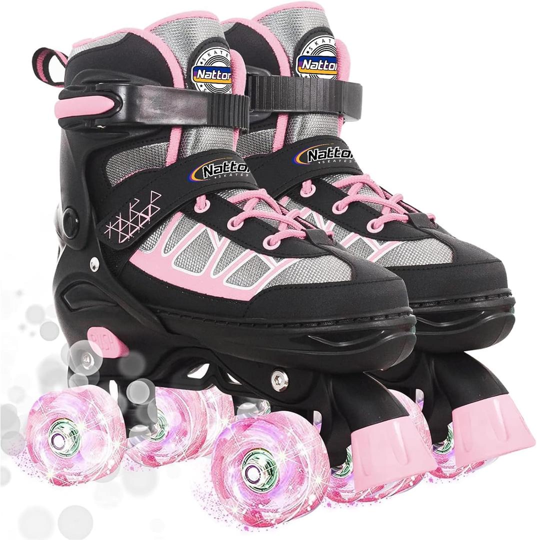 Nattork Roller Skates for Kids Boys Girls, 4 Size Adjustable Rollerskates with Light Up Wheels for Children Beginners for Outdoor Indoor (Medium (13C-2), Pink)