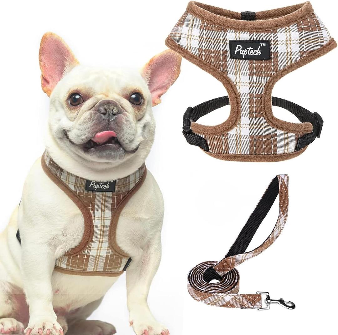 PUPTECK Soft Mesh Dog Harness and Leash Set Pet Puppy Cat Comfort Padded Vest No Pull Harnesses, Brown, L (L (NECK: 17", CHEST: 18.8"-24"))