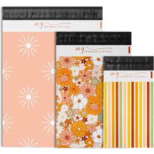 Eco Friendly Sustainable Poly Mailers, Multiple Sizes Variety 75 Pack (25 Each: 6x9, 9x12, 12x15) Different Assorted Sized Shipping Bags, Retro Vintage Spring Envelopes (Groovy Boho)