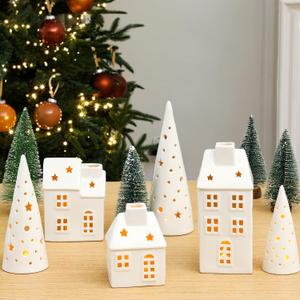 6 Pcs Ceramic LED Christmas Village Set Including 3 LED Ceramic Village Houses and 3 Porcelain Tree for Scenes Decor White Porcelain Xmas Figurine Decoration Tabletop Mantel Shelf