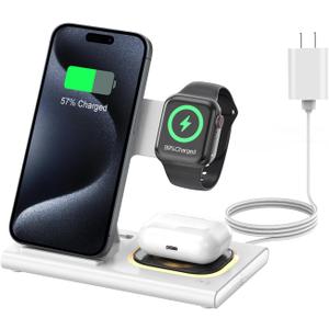 3 in 1 Foldable Charging Station for Apple Products,Fast Wireless Charger Travel Dock Adapter&Light for iPhone 16/15/14/13/12/11/X/XS,for iWatch 10/9/8/7/Ultra2/Ultra/SE,for AirPods 4/3/2/Pro/2(White)