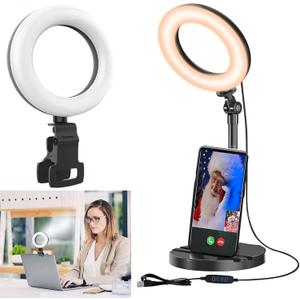 Ring Light with Stand, Desk Ring Light with Clip Upgraded 10W 3000K-6500K Travel Desktop Light for Phone Selfie Laptop Zoom Video Makeup Vlog Tiktok Live Streaming