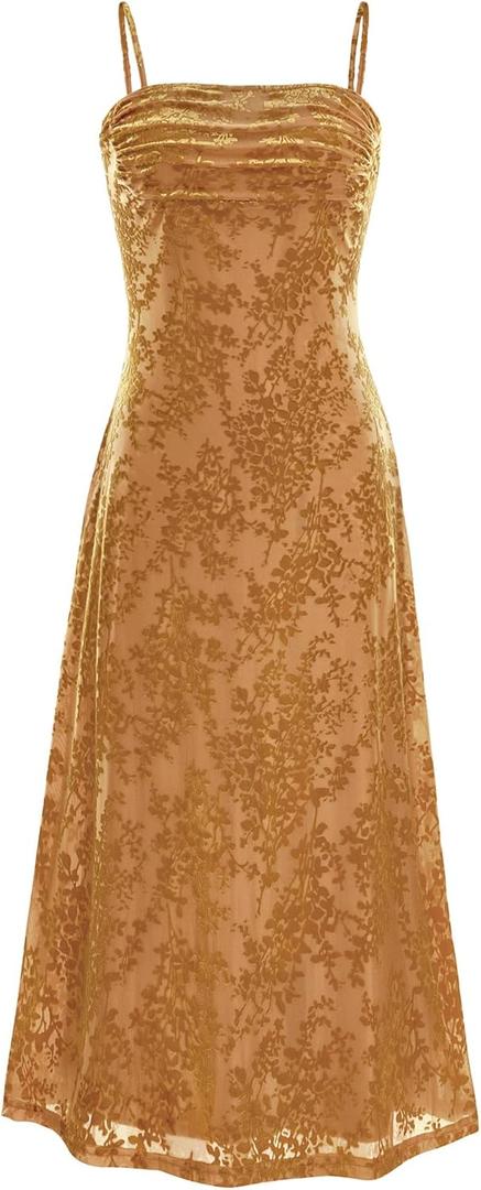 BTFBM Women's Summer Dress Sleeveless Spaghetti Strap Midi Dress Sexy Cowl Neck Floral Cocktail Dress Party Dresses (Large, Brown)