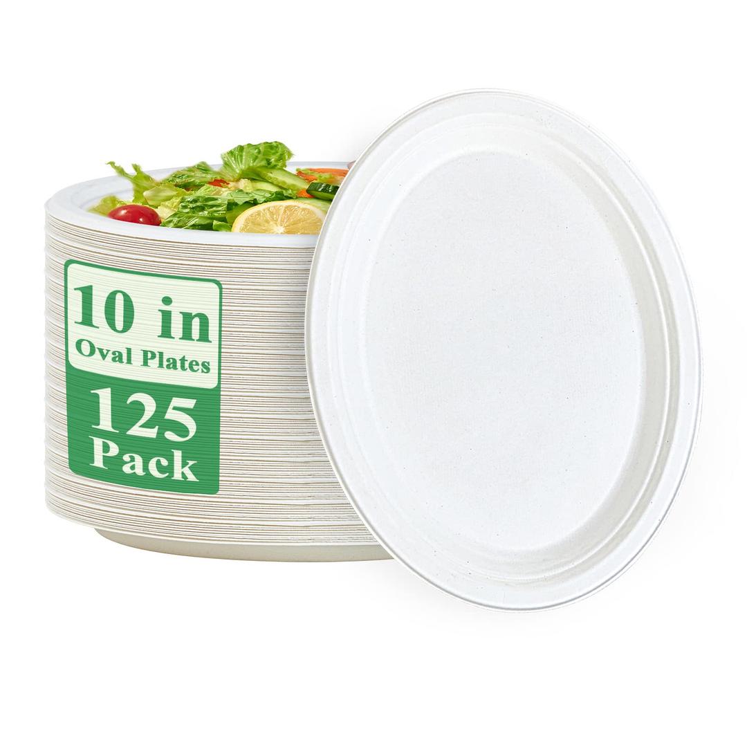 Vplus 100% Compostable Oval Paper Plates 10 inch 125 Pack Super Strong Disposable Paper Plates Bagasse Natural Biodegradable Eco-Friendly Sugarcane for BBQ, Party, Gathering, and Picnic