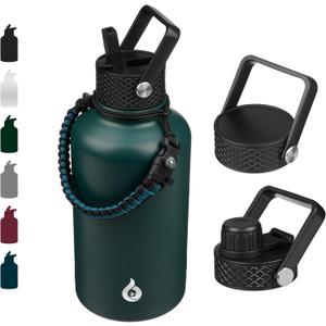 BJPKPK Half Gallon Insulated Water Bottles with Straw Lid, 64oz Large Water Jug, Stainless Steel Bottles with 3 Lids and Paracord Handle, Thermos for Hot & Cold Liquid, Army Green