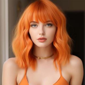 andromeda Orange Short Bob Wavy Wig with Bangs for women (14 Inch) | Soft and No tangle, Heat resistant fiber under 248,Shoulder Length Wigs for Halloween,Cosplay,Party Daily,Halloween Use