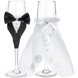 Sparkle and Bash Wedding Glasses for Bride & Groom - 2-Pc 8.75 In Flutes, Black & White, Modern - Champagne Toasting Flutes for Wedding Gifts for Newlyweds, Bridal Shower & Decor