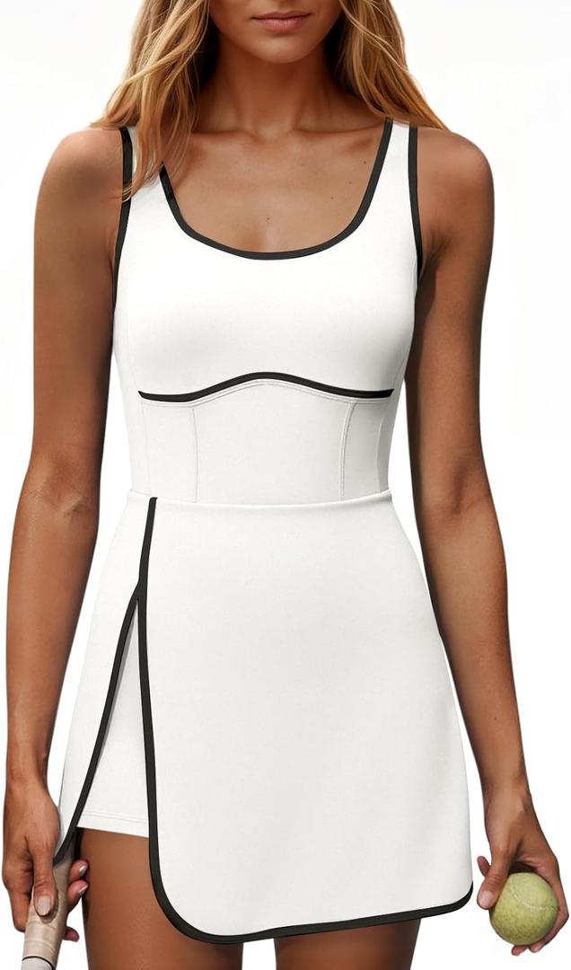 Fisoew Womens Workout Tennis Dress with Built-in Bra & Shorts Pockets Sleeveless Cutout Golf Athletic Mini Dresses (White, Small)