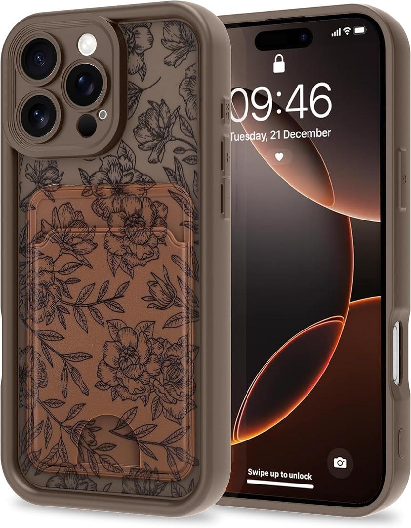 MZELQ Compatible with iPhone 16 Pro Case Silicone Card Holder, Cute Pattern Rose Flower Floral Cover for Girls Women -Brown