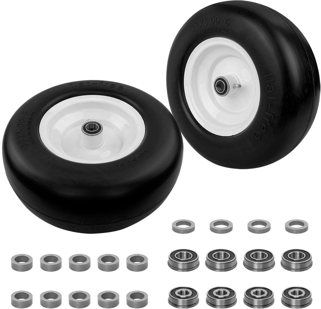 HQPASFY 13x5.00-6 Flat-Free Lawn Mower Tire & Wheel Set of 2, Zero-Turn Mower Front Tires with 1/2" & 5/8" Bearings, Solid Smooth Puncture-Proof Replacement for Lawn Mowers & Zero-Turn Mowers, White