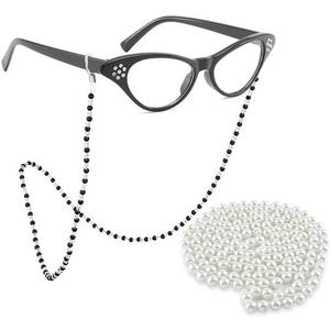 Old Lady Costume for Women Rhinestone Cat Eye Glasses Sunglass Chain Beaded Faux Pearl Necklace Costume accessories for Party (Black)