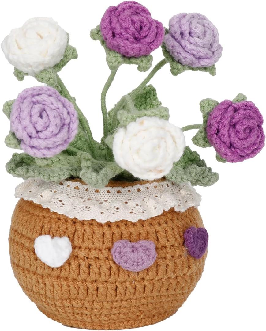 Knitting Crochet Flowers Potted Plants: Artificial Knitted Potted Flowers for Home Office Decoration (Purple Roses)