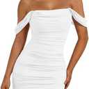 Trendy Queen Womens Mesh Off The Shoulder Ruched Mini Dresses Summer Party Bodycon Short Dress M