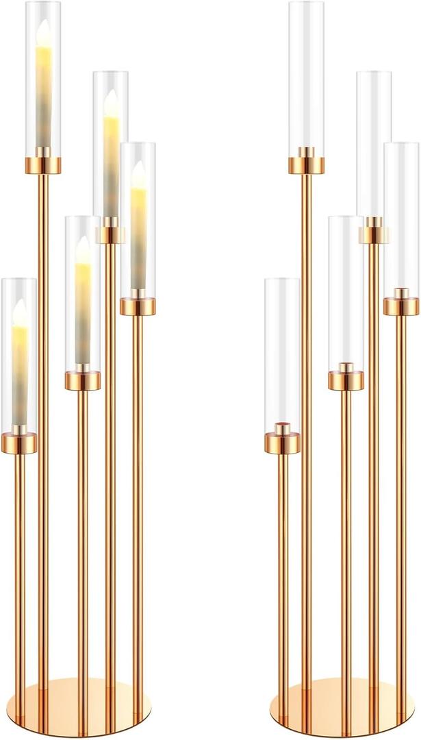 Tessco for you 5 Arm Candelabra Centerpieces for Tables 42.5'' Tall Floor Candle Holder Metal Candlestick Stand with Acrylic Lampshade for Wedding Holiday Birthday Party Decor(Gold,2 Set)