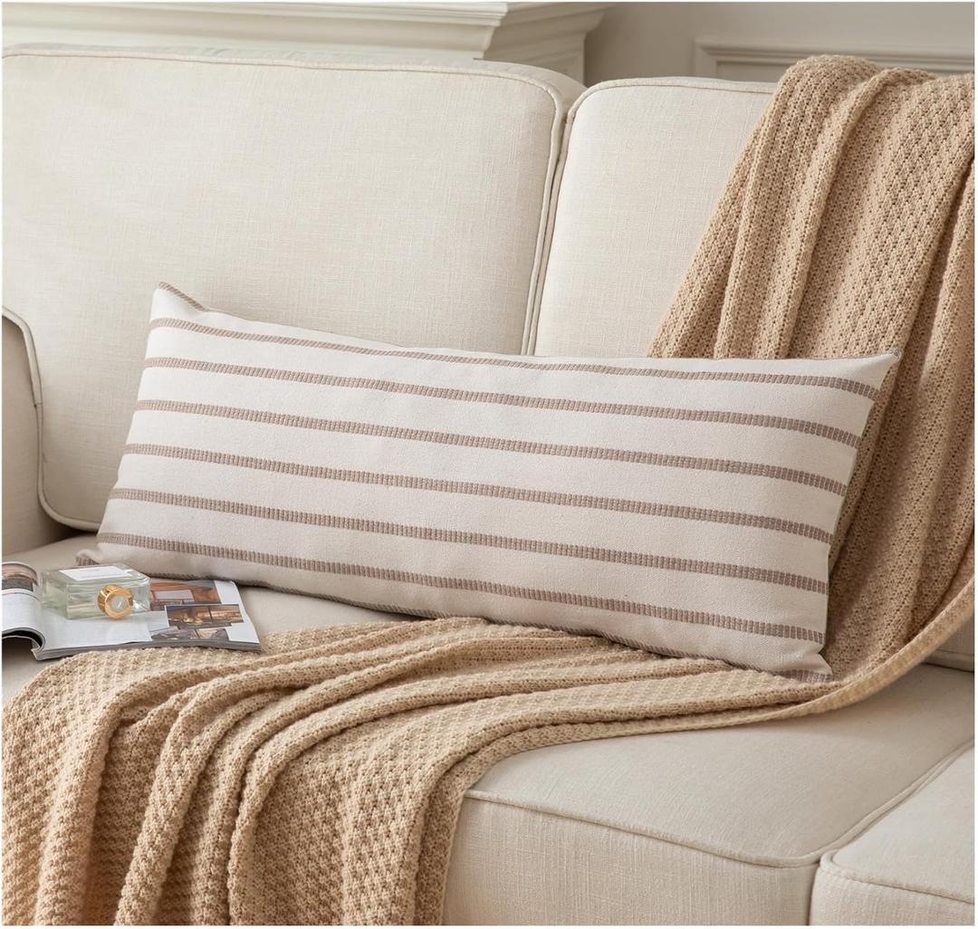 Caflife Boho Lumbar Throw Pillow Cover 14X36 Long Soft Farmhouse Decorative Couch Pillow Cases Beige Striped Body Pillow Covers Neutral Cushion Covers for Sofa Bed Living Room Home Decor Pack of 1