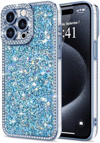 Lafunda for iPhone 15 Pro Max Case Glitter, Luxury Shiny Bling Sparkly Bumper Cover with Crystal Diamonds for Women Girls Soft Slim Shockproof Protective Phone Case for iPhone 15 Pro Max 6.7", Blue