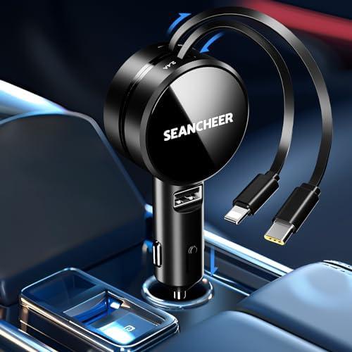 SEANCHEER Retractable Car Charger for iPhone and Android Fast Charging, Car Charger with Retractable Cords(2.6Ft), USB-C Ports,Compatible with iphone15/ Pro Max 14/ Pro Max/13/12/11/iPad/Galaxy