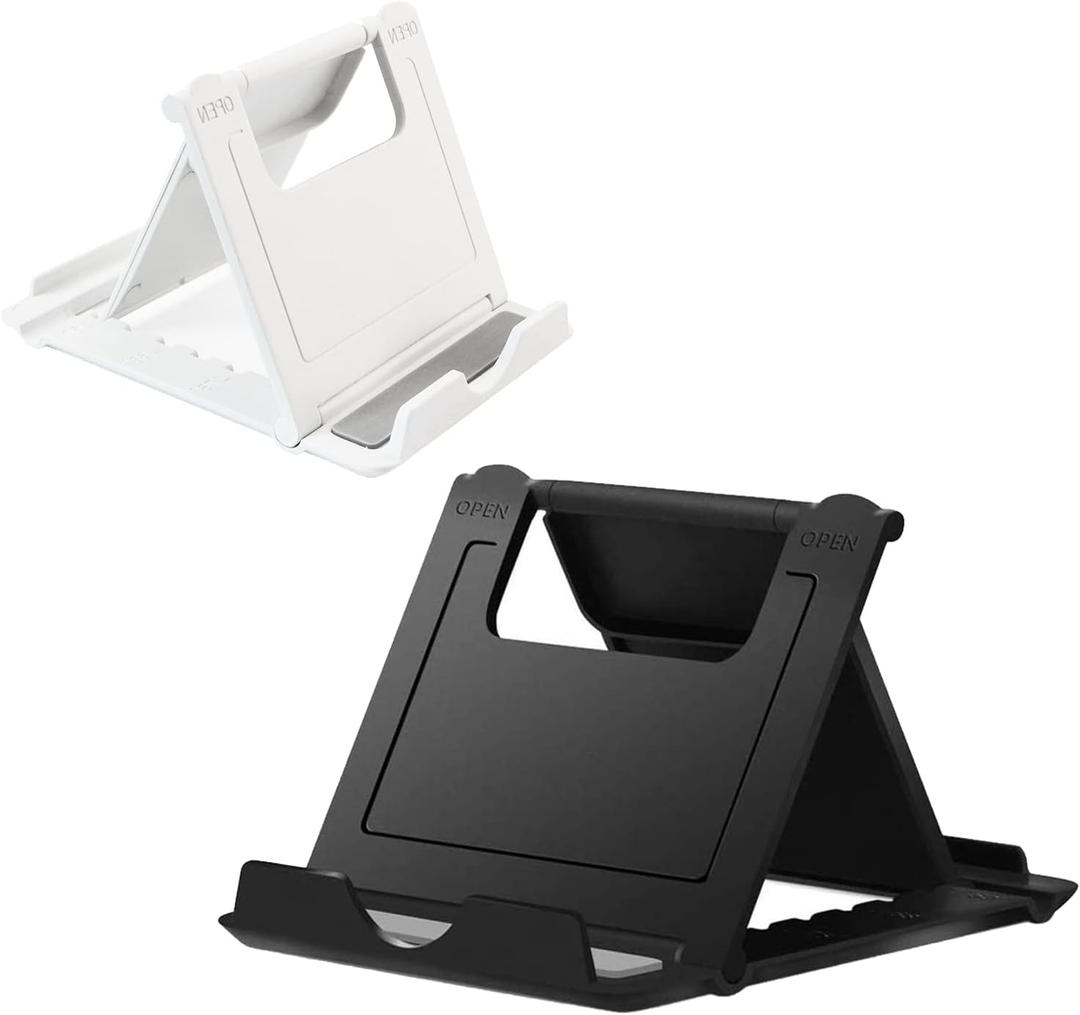 2 Pack Portable Cell Phone Stand Holder for Desk, Foldable Pocket-Sized Mount, Universal Adjustable Desktop Mobile Phone Kickstand Compatible with iPhone IPads Kindle Android Black & White