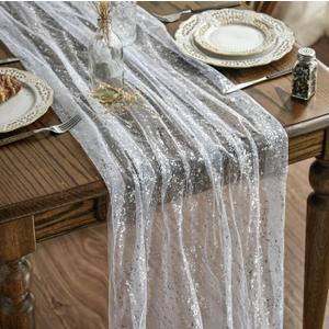 Artoid Mode White Silver Gauze Table Runner 120 Inch 10FT, Glitter Metallic Foil Sheer Dining Holiday Wedding Anniversary Birthday Table Decor for Home Party (28" x 120")