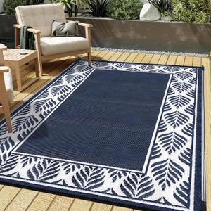 HUGEAR Outdoor Plastic Straw Rug, Waterproof Mat, Washable Large Floor Mat and Rug for Outdoors, RV, Beach, Patio, Camping, Backyard, Deck, Picnic, Outside (6x9ft, Olive-Leaf/Dark Blue&White)