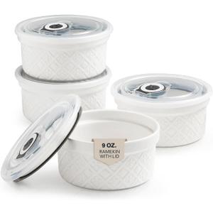 9 oz Ramekins with Lids, Creme Brulee Ramekins Oven Safe, Small Ceramic Serving Bowls, White Custard Cups for Baking, Dipping Sauce Cups, Pinch Bowls Ideal for Birthday Party, Set of 4